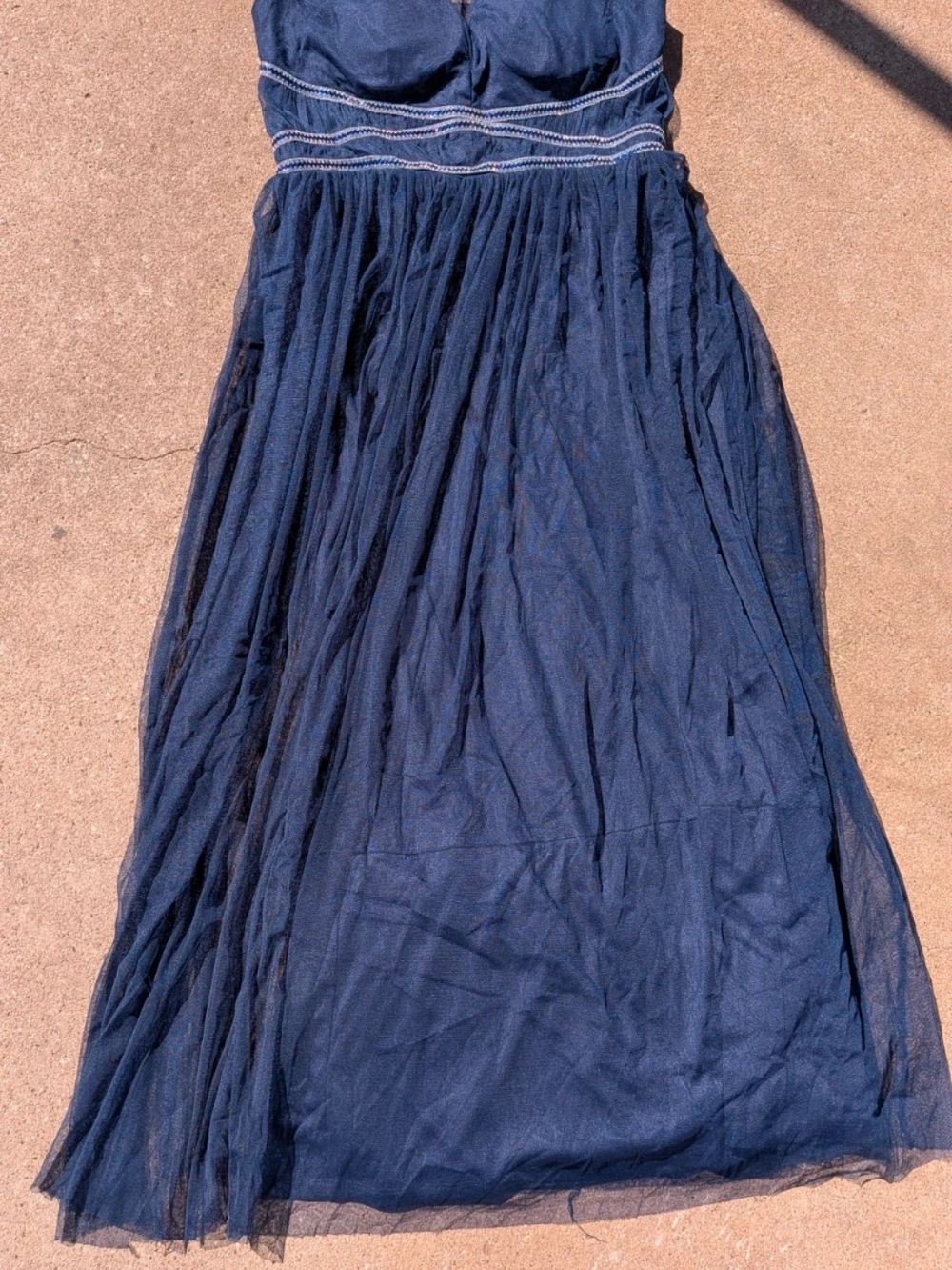 Tiered Navy Blue Maxi Dress with Sheer Overlay